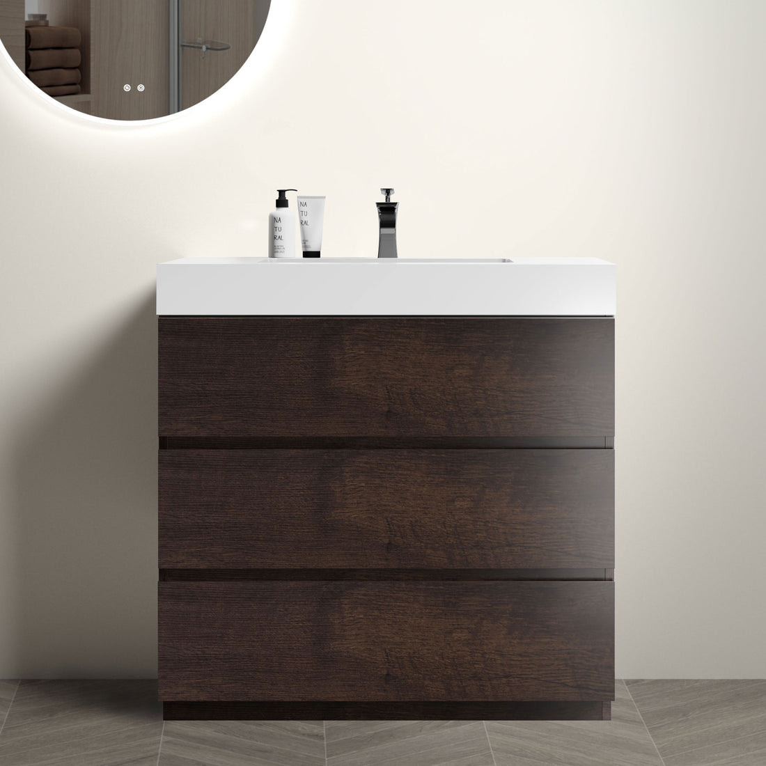 Alice 36" Walnut Bathroom Vanity With Sink, Large Storage Freestanding Bathroom Vanity For Modern Bathroom, One Piece White Sink Basin Without Drain And Faucet, Pre Assembled White Walnut Melamine