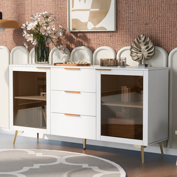 Featured Two Door Storage Cabinet With Three Drawers And Metal Handlessuitable For Corridors, Entrances And Living Rooms 3 4 Shelves White Primary Living Space Drawers Included American Design Mdf