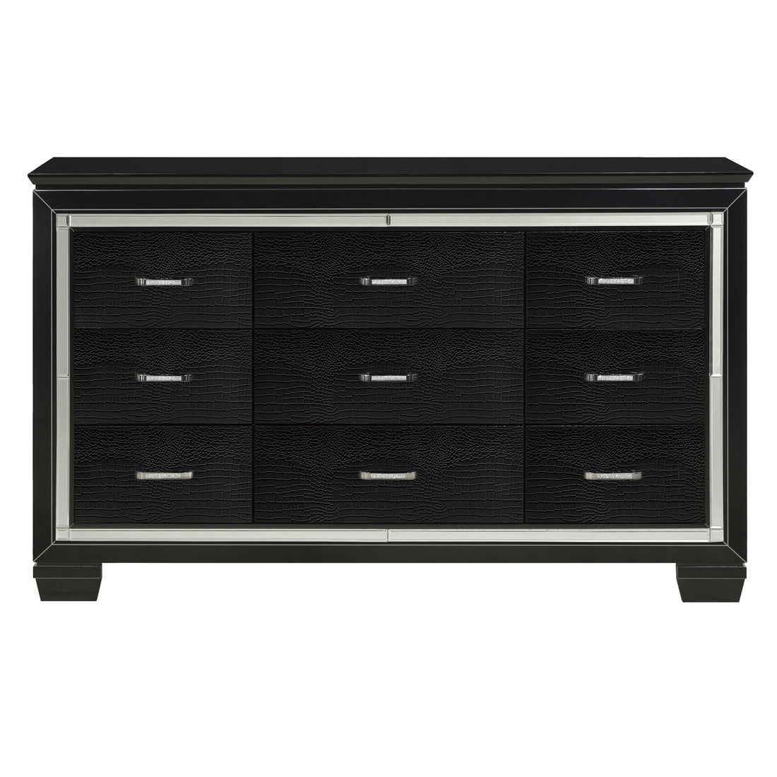 Black Finish Dresser Bold Desing 9 Drawers Glamorous Faux Alligator Textured Fronts Wooden Bedroom Furniture Black Bedroom Contemporary,Glam,Modern Wood