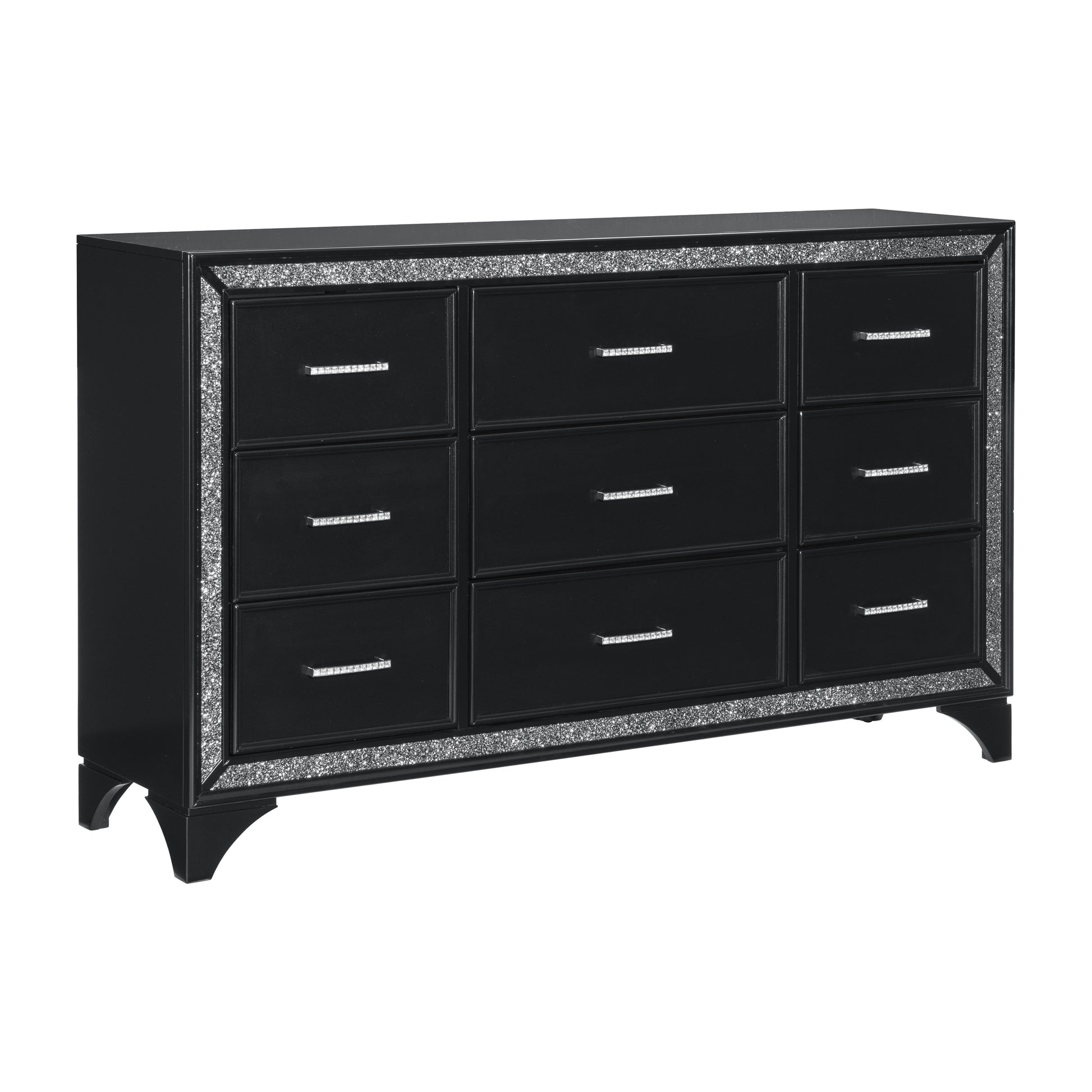 Pearl Black Metallic Finish Dresser 1Pc 9 Drawers Silver Glitter Trim Pearl Black Metallic Finish Dresser 1Pc 9 Drawers Silver Glitter Trim