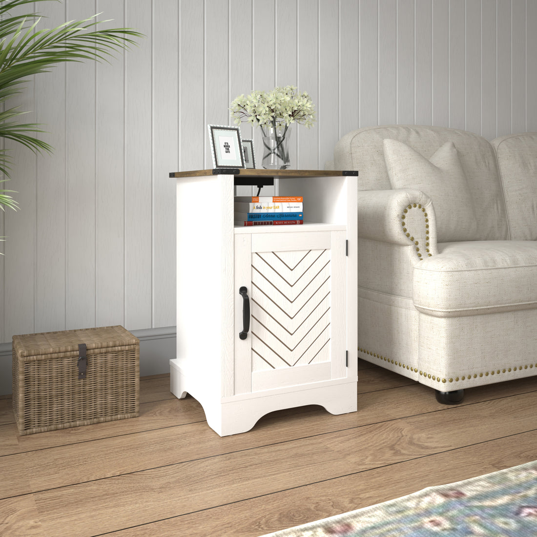 Farmhouse Nightstand Side Table, Wooden Rustic End Table, Tall Bedside Table With Electrical Outlets Charging Station White & Oak White Oak Engineered Wood