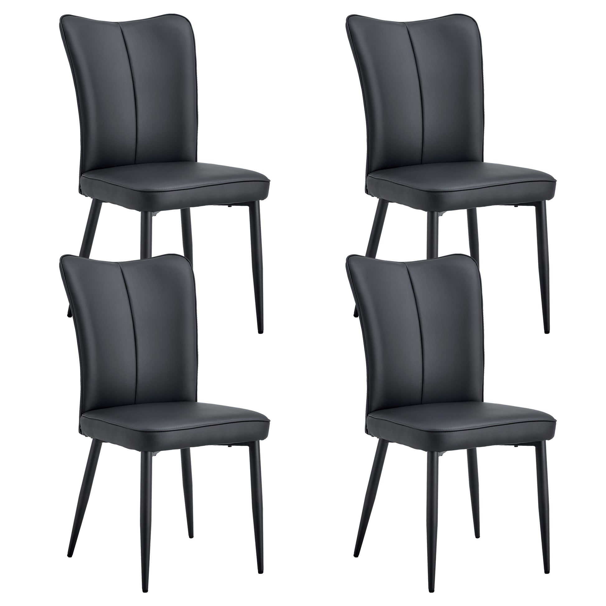 Modern Minimalist Dining Chairs, Black Pu Leather Curved Backrest And Seat Cushions, Black Metal Chair Legs, Suitable For Restaurants, Bedrooms, And Living Rooms. A Set Of Four Chairs. 008 Black Pu