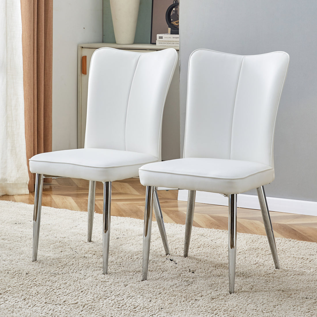 Modern Minimalist Dining Chairs, Office Chairs. 2 Piece Set Of White Pu Seats With Silver Metal Legs. Suitable For Restaurants, Living Rooms, And Offices. C 008 White Pu