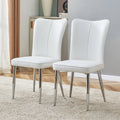 Modern Minimalist Dining Chairs, Office Chairs. 2 Piece Set Of White Pu Seats With Silver Metal Legs. Suitable For Restaurants, Living Rooms, And Offices. C 008 White Pu