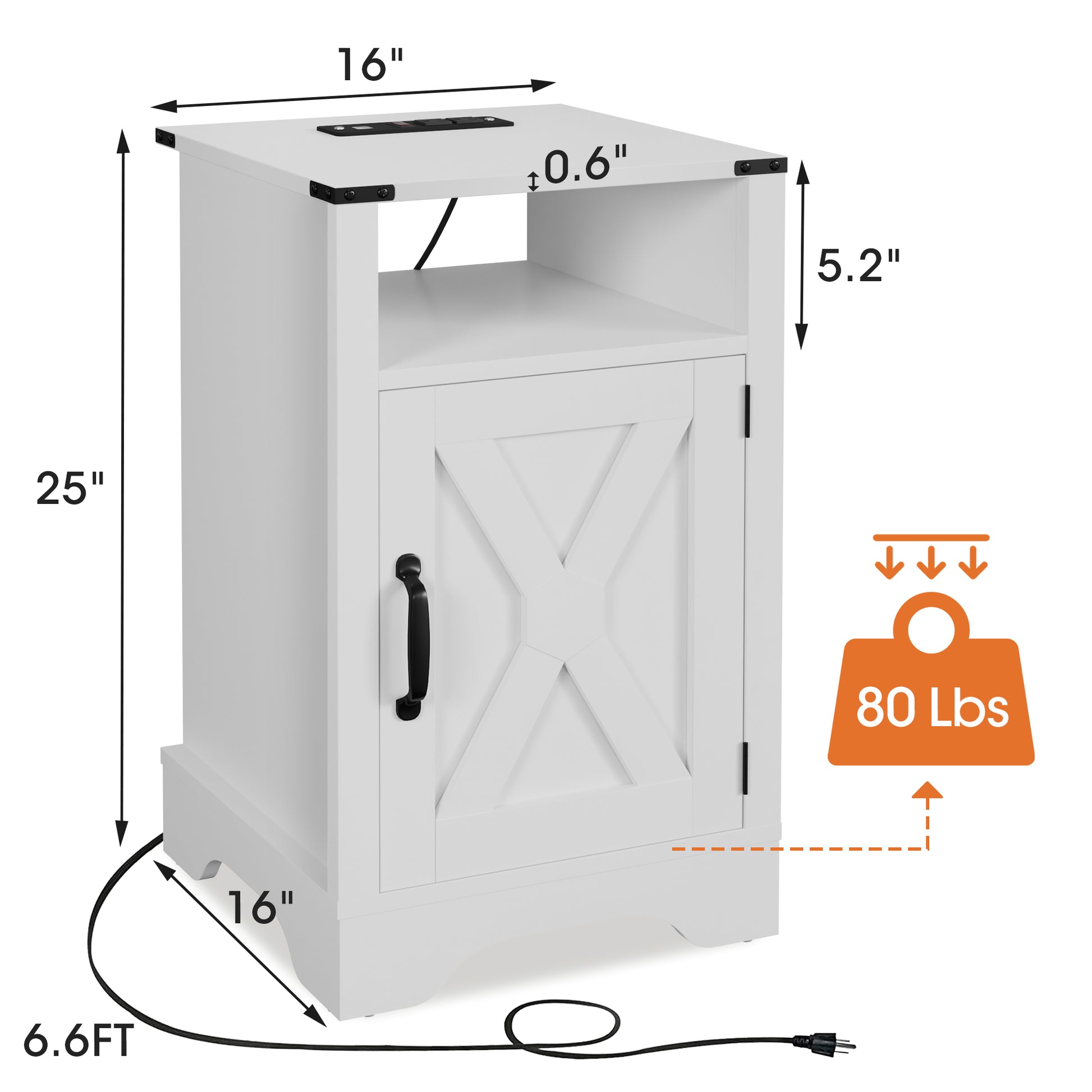 Farmhouse Nightstand Side Table, Wooden Rustic End Table, Tall Bedside Table With Electrical Outlets Charging Station White White Engineered Wood