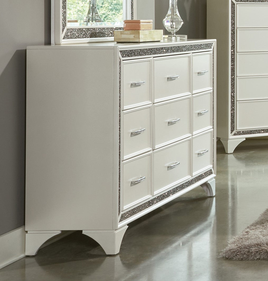 Pearl White Metallic Finish Dresser 1Pc 9 Drawers Silver Glitter Trim Modern Bedroom Furniture White Bedroom Contemporary,Glam,Modern Wood Pearl White Metallic Finish Dresser 1Pc 9 Drawers Silver Glitter Trim Modern Bedroom Furniture White Bedroom Contemporary,Glam,Modern Wood