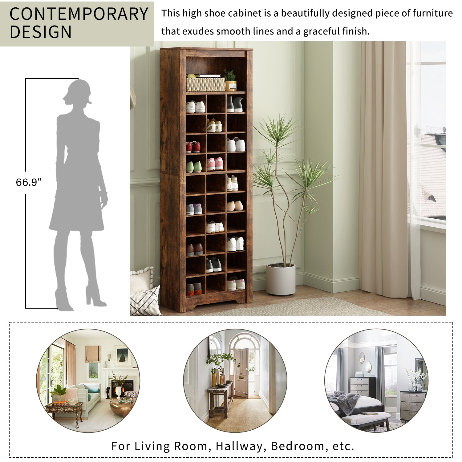 Stylish Design 30 Shoe Cubby Console, Contemporary Shoe Cabinet With Multiple Storage Capacity, Free Standing Tall Cabinet With Versatile Use For Hallway, Bedroom, Rustic Brown Filing Cabinets Rustic Brown Primary Living Space Particle Board