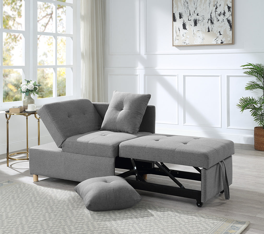 4 In 1 Convertible Sofas & Couches, Single Extendable Sofa With 6 Position Adjustable Back, Sofa Bed With 2 Pillows, Gray Gray Linen Armless Wood Fabric 1 Seat