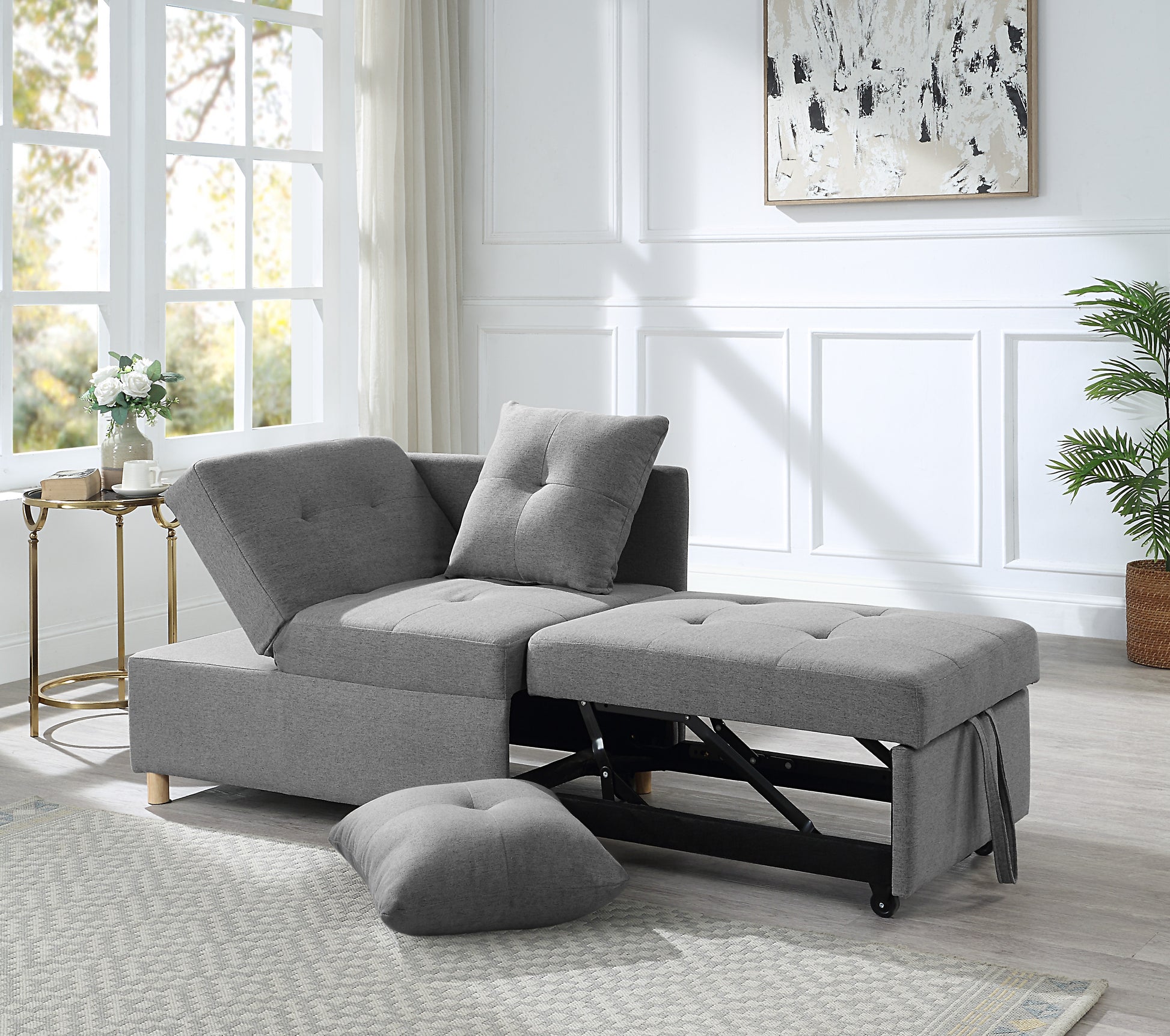 4 In 1 Convertible Sofas & Couches, Single Extendable Sofa With 6 Position Adjustable Back, Sofa Bed With 2 Pillows, Gray Gray Linen Armless Wood Fabric 1 Seat