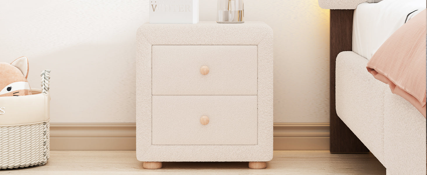 Teddy Fleece Nightstand With 2 Drawers, Beige Beige Mdf