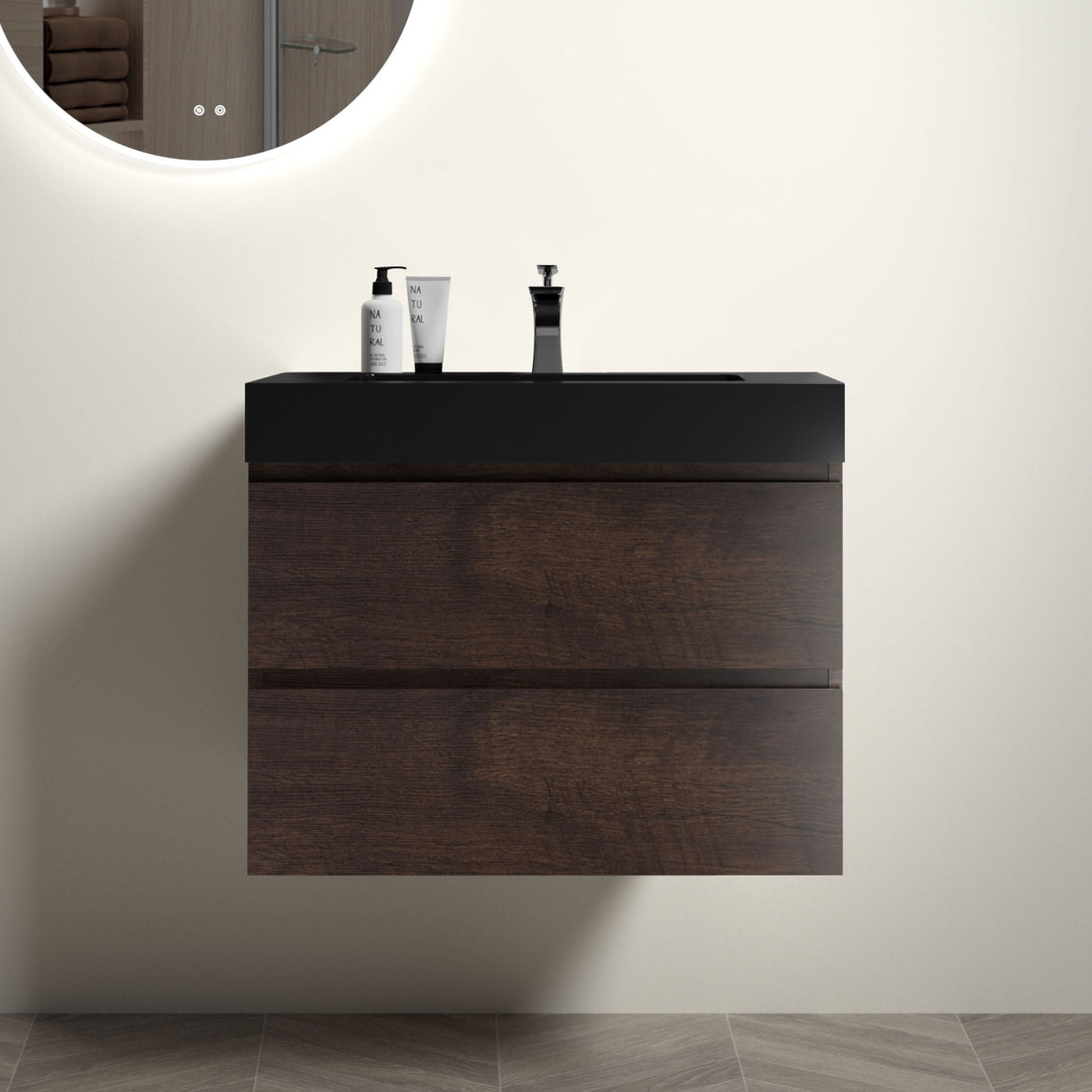 Alice 30" Walnut Bathroom Vanity With Sink, Large Storage Wall Mounted Floating Bathroom Vanity For Modern Bathroom, One Piece Black Sink Basin Without Drain And Faucet, Pre Assembled Walnut Black Melamine