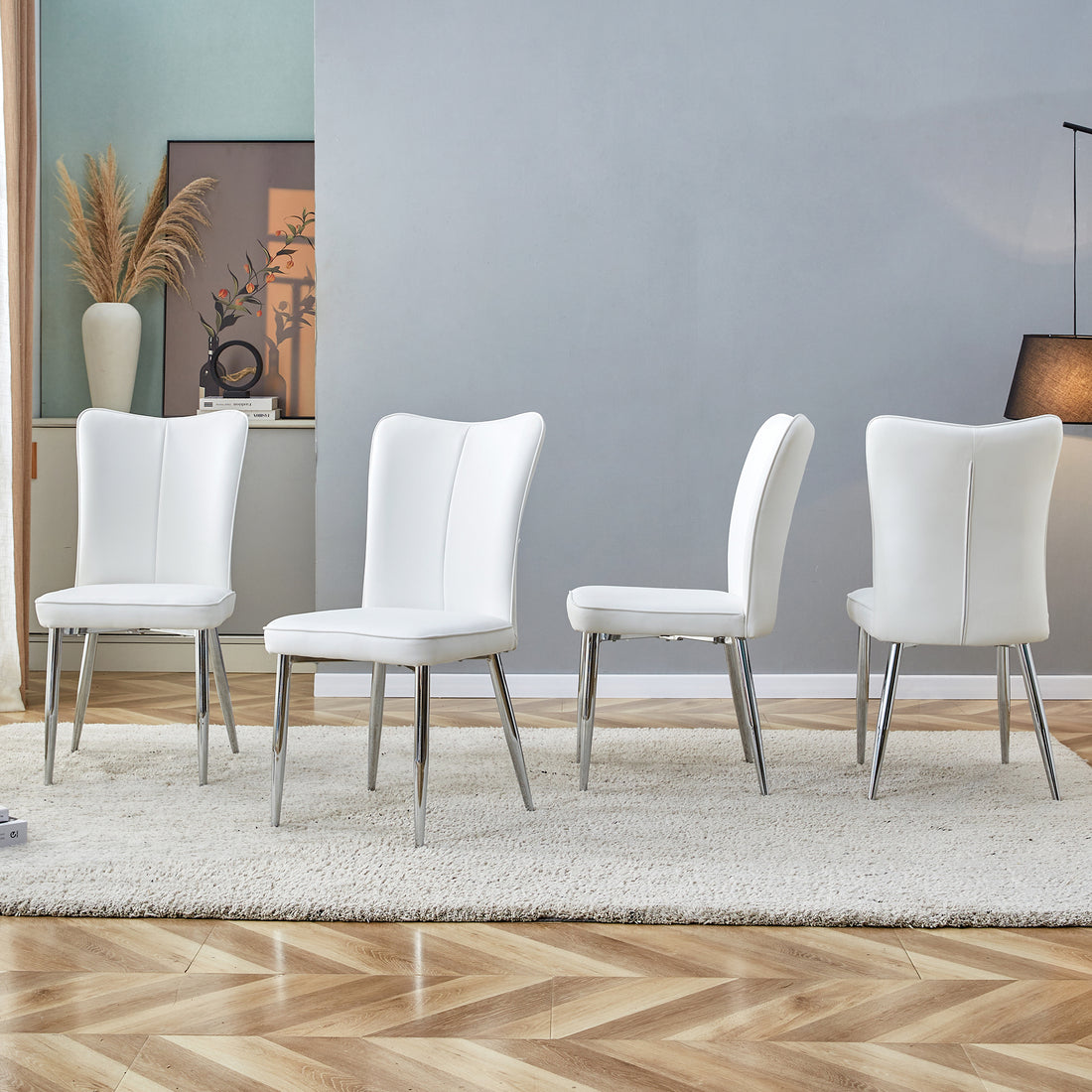 Modern Minimalist Dining Chairs, Office Chairs. 4 Piece Set Of White Pu Seats With Silver Metal Legs. Suitable For Restaurants, Living Rooms, And Offices. C 008 White Pu