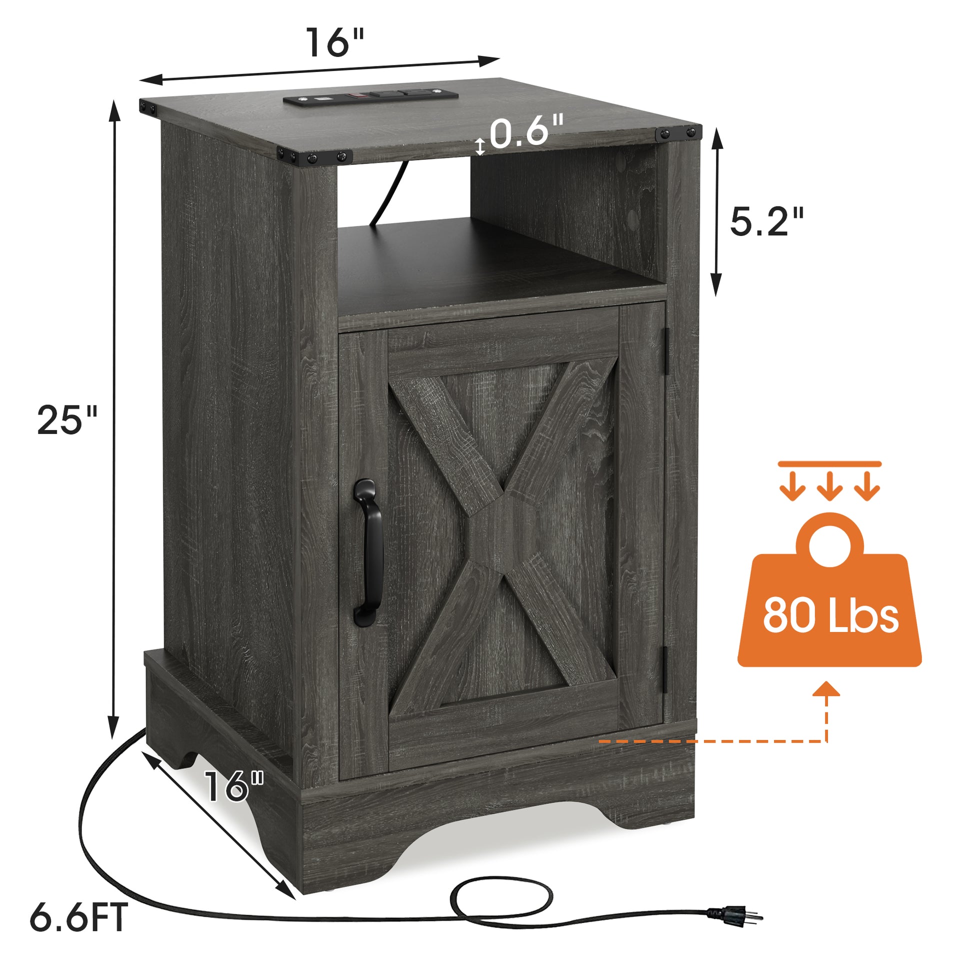 Farmhouse Nightstand Side Table, Wooden Rustic End Table, Tall Bedside Table With Electrical Outlets Charging Station Dark Gray Dark Grey Engineered Wood