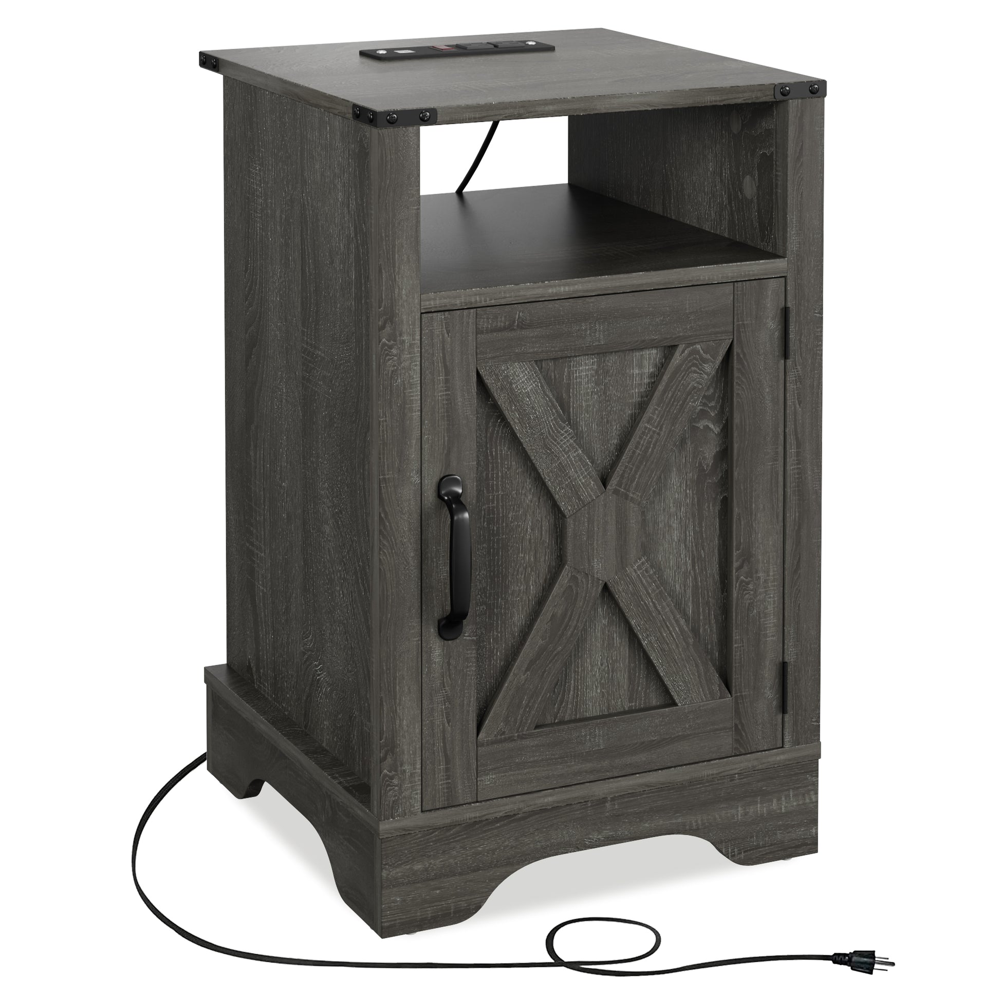 Farmhouse Nightstand Side Table, Wooden Rustic End Table, Tall Bedside Table With Electrical Outlets Charging Station Dark Gray Dark Grey Engineered Wood