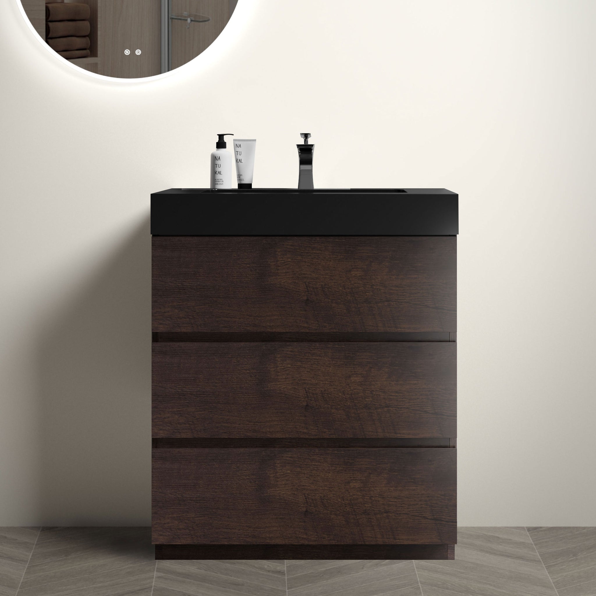 Alice 30" Walnut Bathroom Vanity With Sink, Large Storage Freestanding Bathroom Vanity For Modern Bathroom, One Piece Black Sink Basin Without Drain And Faucet, Pre Assembled Walnut Black Melamine