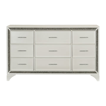 Pearl White Metallic Finish Dresser 1Pc 9 Drawers Silver Glitter Trim Pearl White Metallic Finish Dresser 1Pc 9 Drawers Silver Glitter Trim