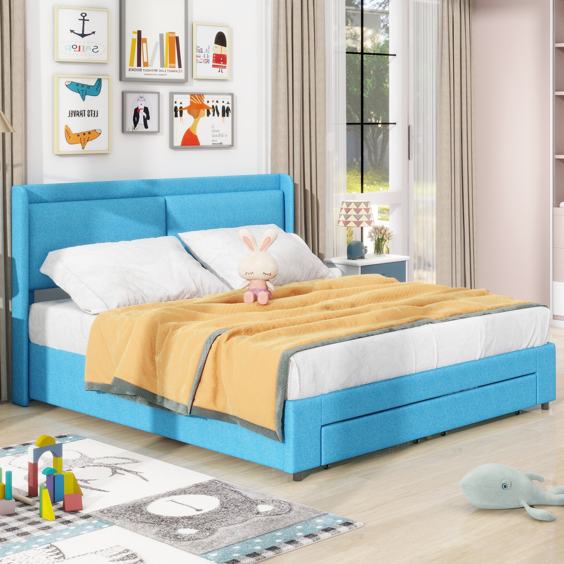 Queen Size Storage Upholstered Hydraulic Platform Bed With 2 Drawers, Blue Box Spring Not Required Queen Blue Metal Bedroom Bed Frame Linen Upholstered
