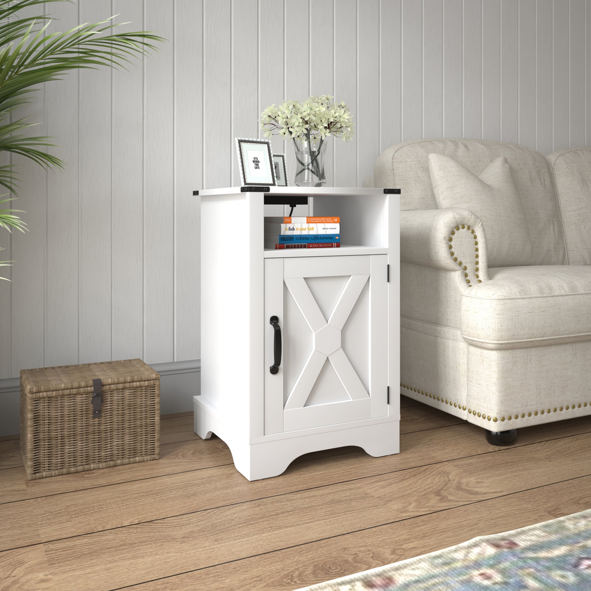 Farmhouse Nightstand Side Table, Wooden Rustic End Table, Tall Bedside Table With Electrical Outlets Charging Station White White Engineered Wood