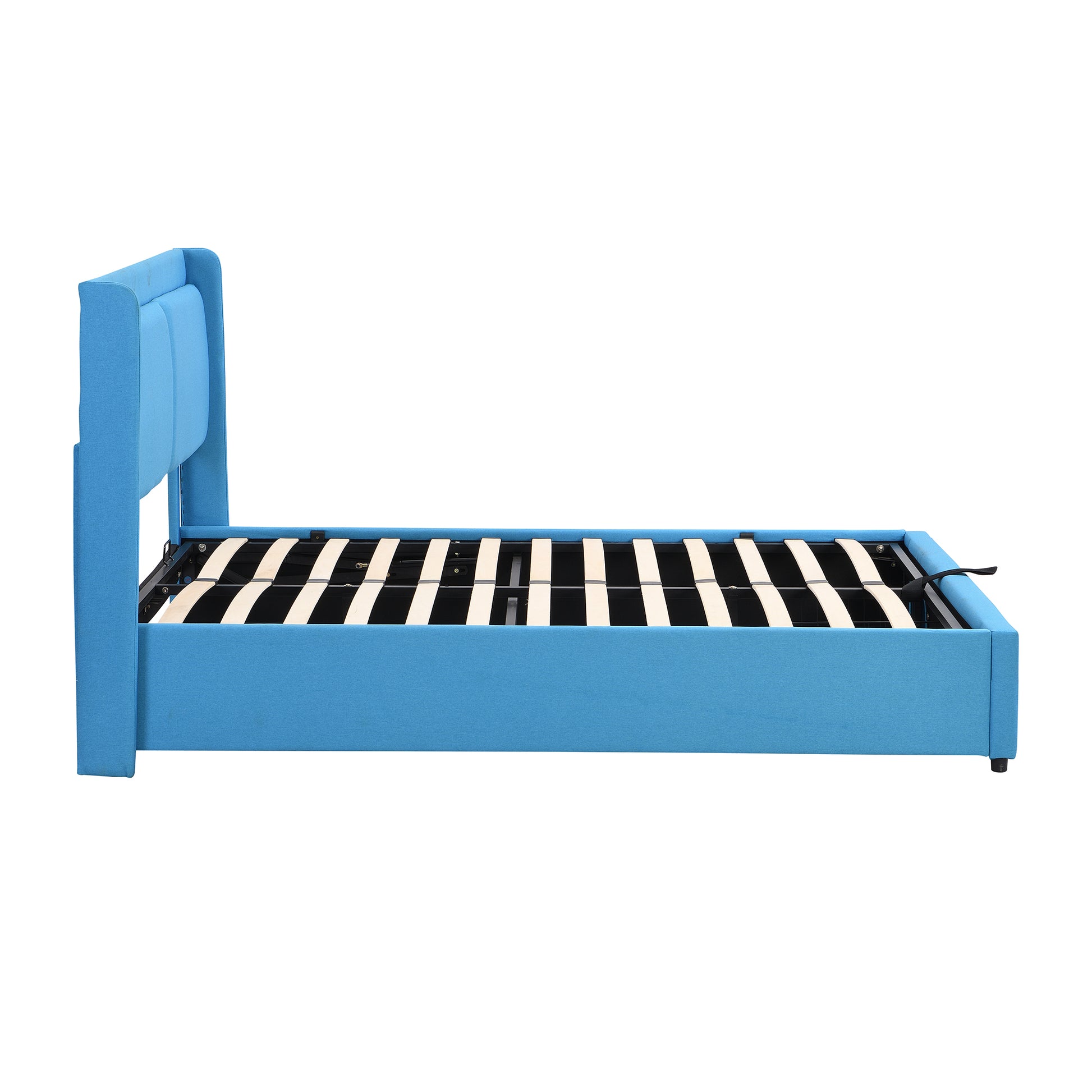 Queen Size Storage Upholstered Hydraulic Platform Bed With 2 Drawers, Blue Box Spring Not Required Queen Blue Metal Bedroom Bed Frame Linen Upholstered