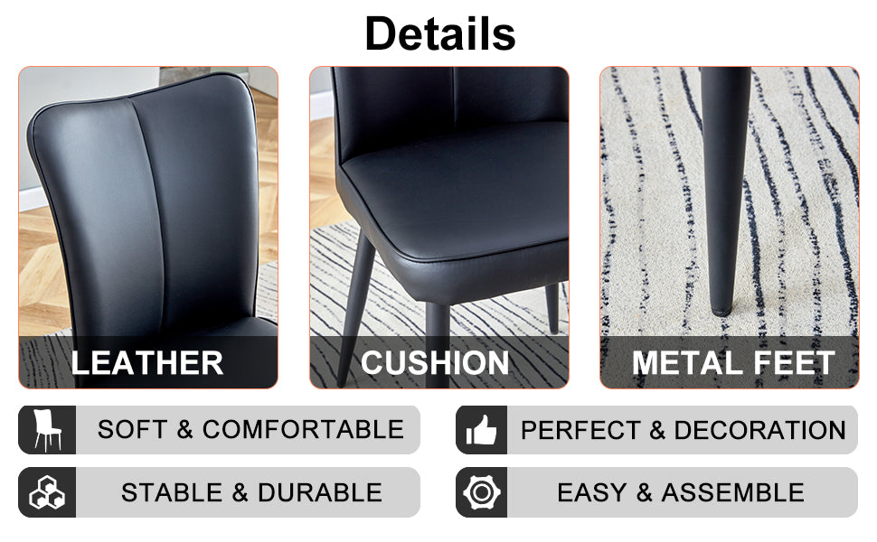 Modern Minimalist Dining Chairs, Black Pu Leather Curved Backrest And Seat Cushions, Black Metal Chair Legs, Suitable For Restaurants, Bedrooms, And Living Rooms. A Set Of 2 Chairs. 008 Black Pu