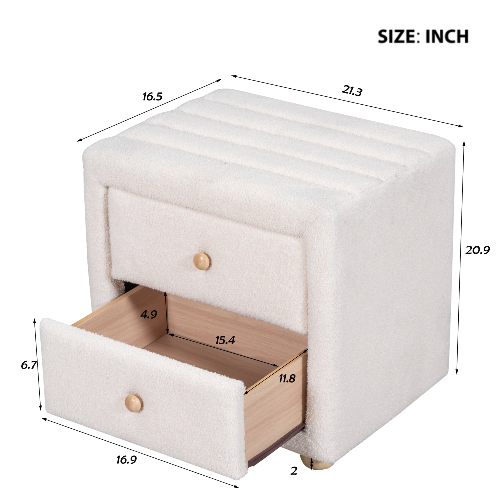 Teddy Fleece Nightstand With 2 Drawers, Beige Beige Mdf