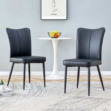 Modern Minimalist Dining Chairs, Black Pu Leather Curved Backrest And Seat Cushions, Black Metal Chair Legs, Suitable For Restaurants, Bedrooms, And Living Rooms. A Set Of 2 Chairs. 008 Black Pu