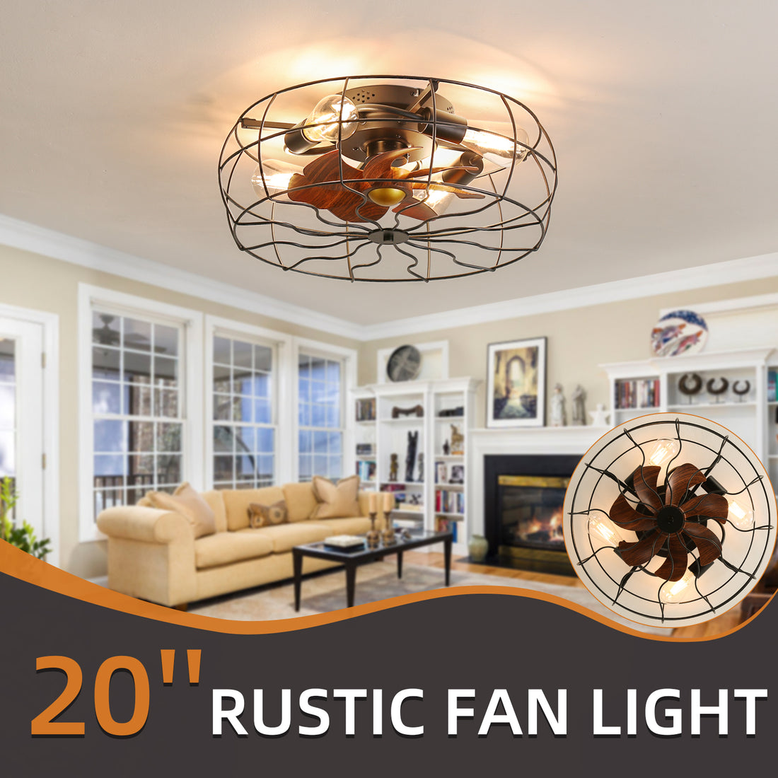 19inch Low Profile Rustic Ceiling Fan Light