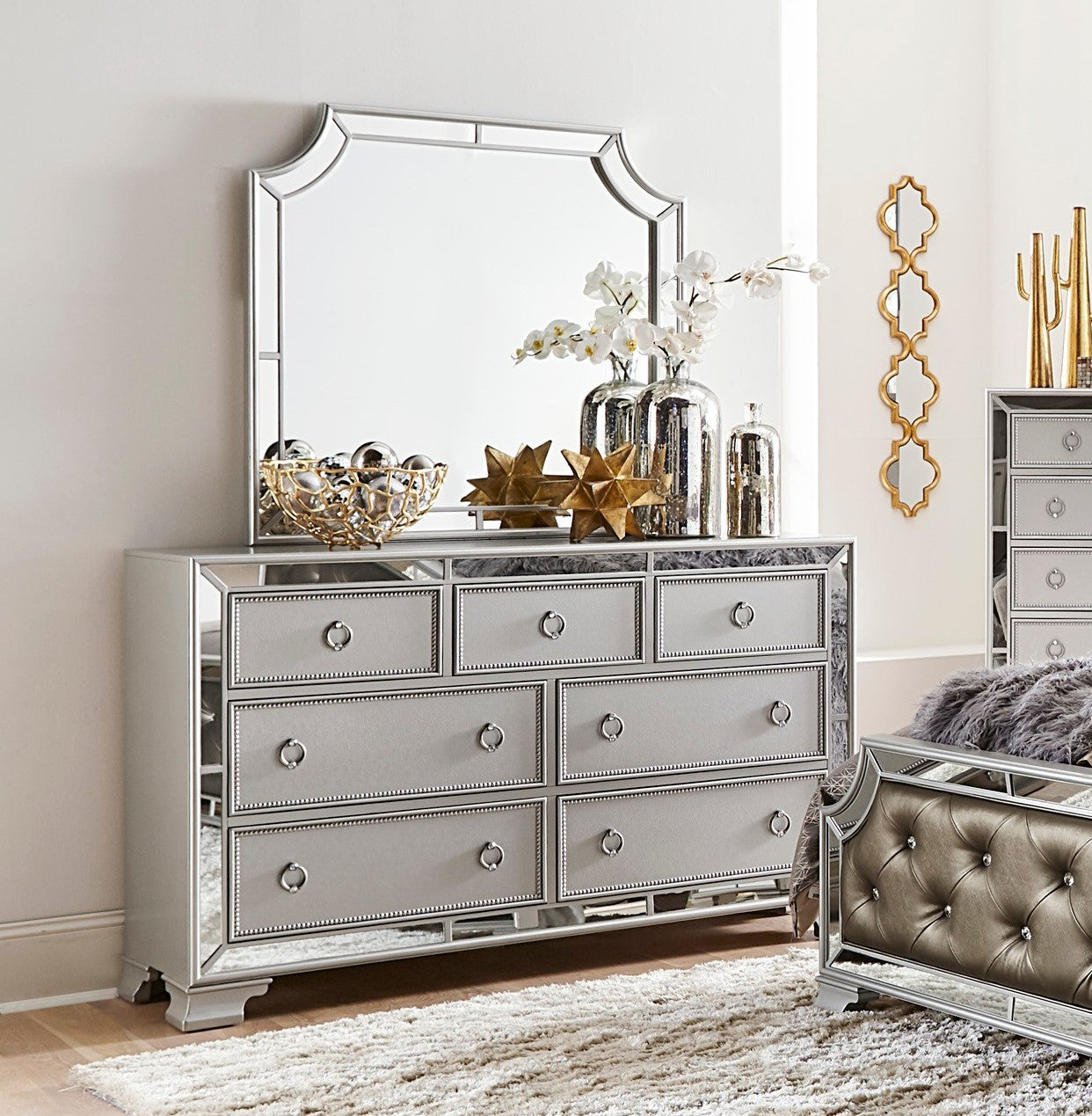 silver mirrored dresser STRADA Silver Alligator Texture 67" Wide Dresser & Mirror with LED's