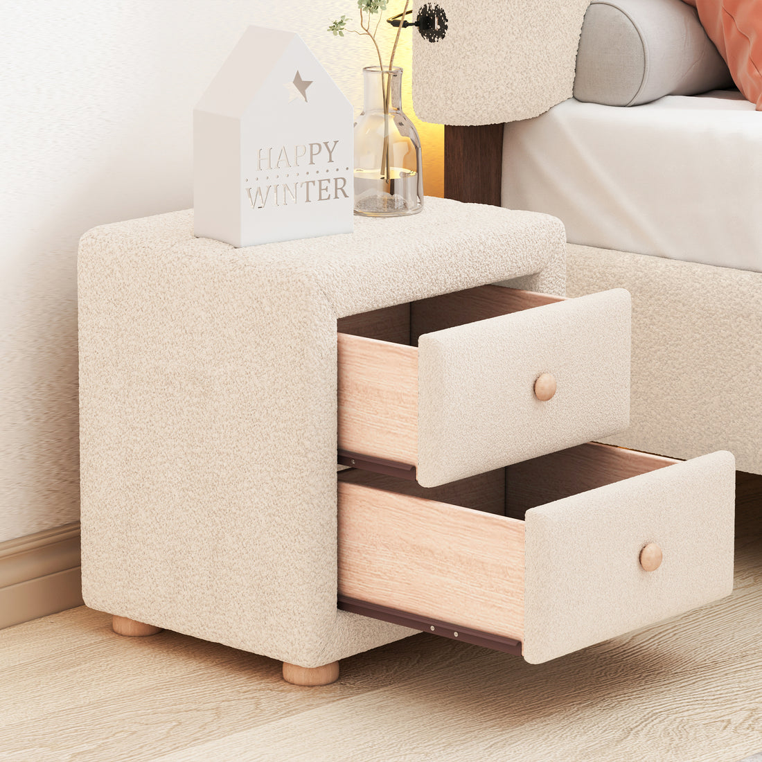 Teddy Fleece Nightstand With 2 Drawers, Beige Beige Mdf