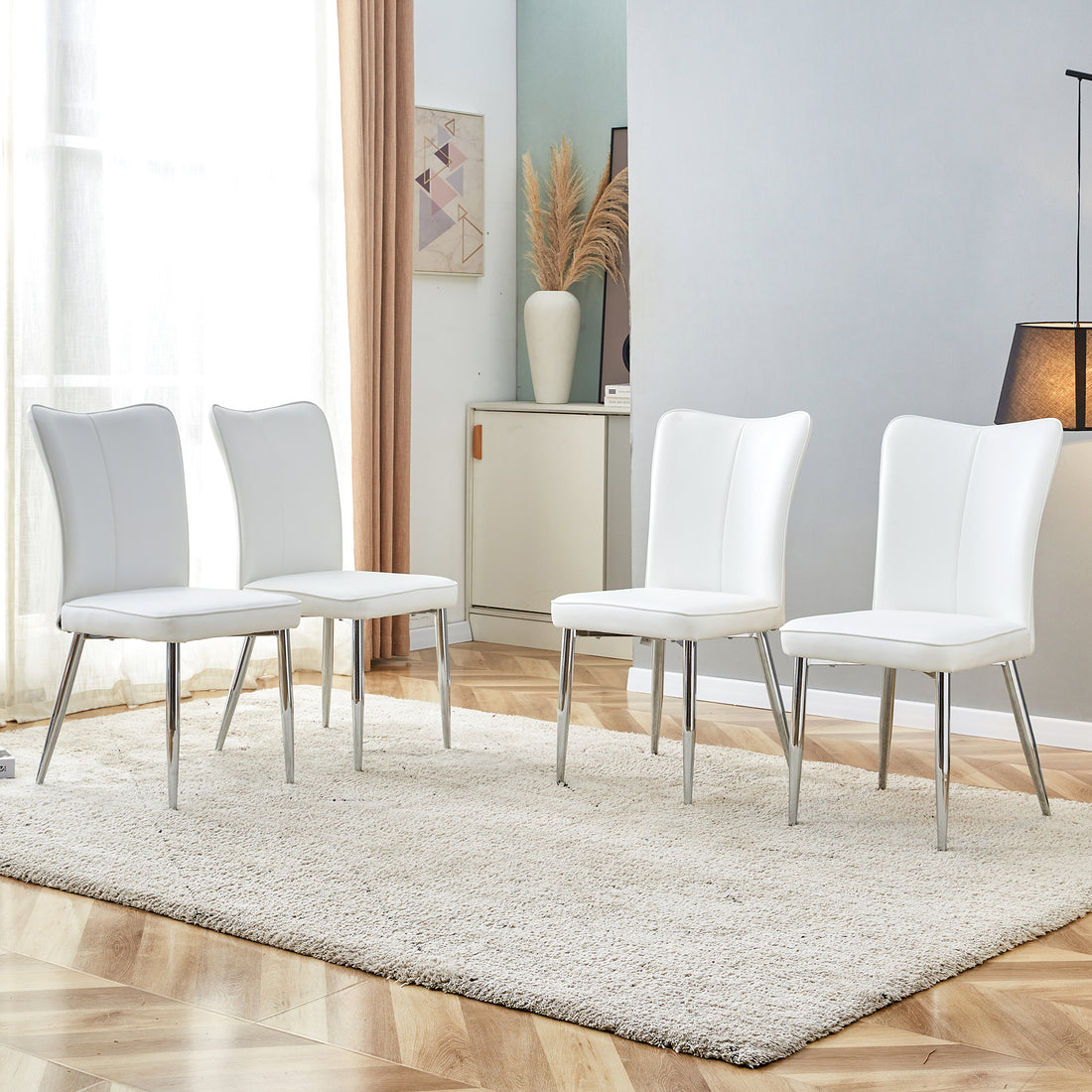 Modern Minimalist Dining Chairs, Office Chairs. 4 Piece Set Of White Pu Seats With Silver Metal Legs. Suitable For Restaurants, Living Rooms, And Offices. C 008 White Pu