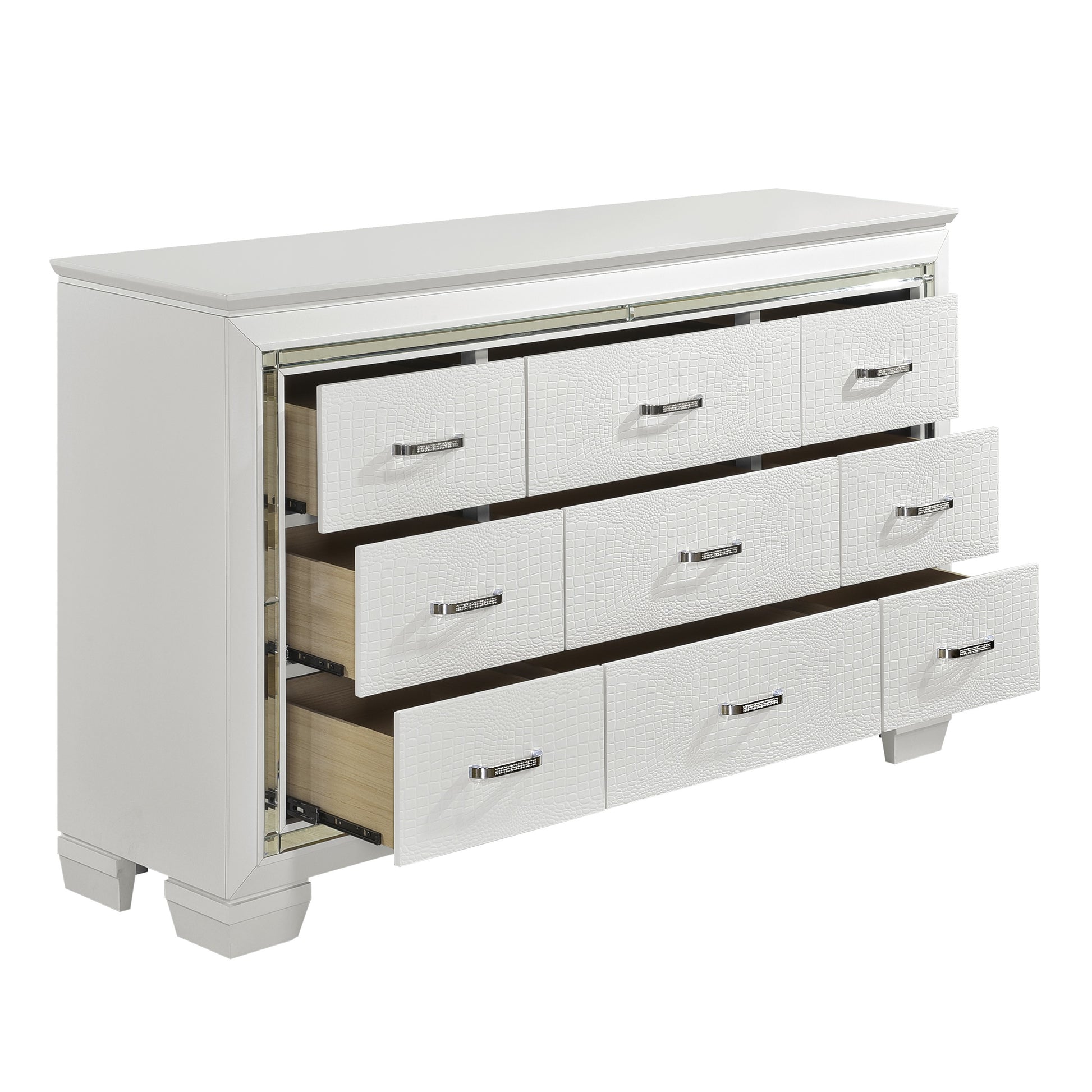 White Finish Dresser Bold Design 9 Drawers Glamorous Faux Alligator Textured Fronts Wooden Bedroom Furniture White Bedroom Contemporary,Glam,Modern Wood