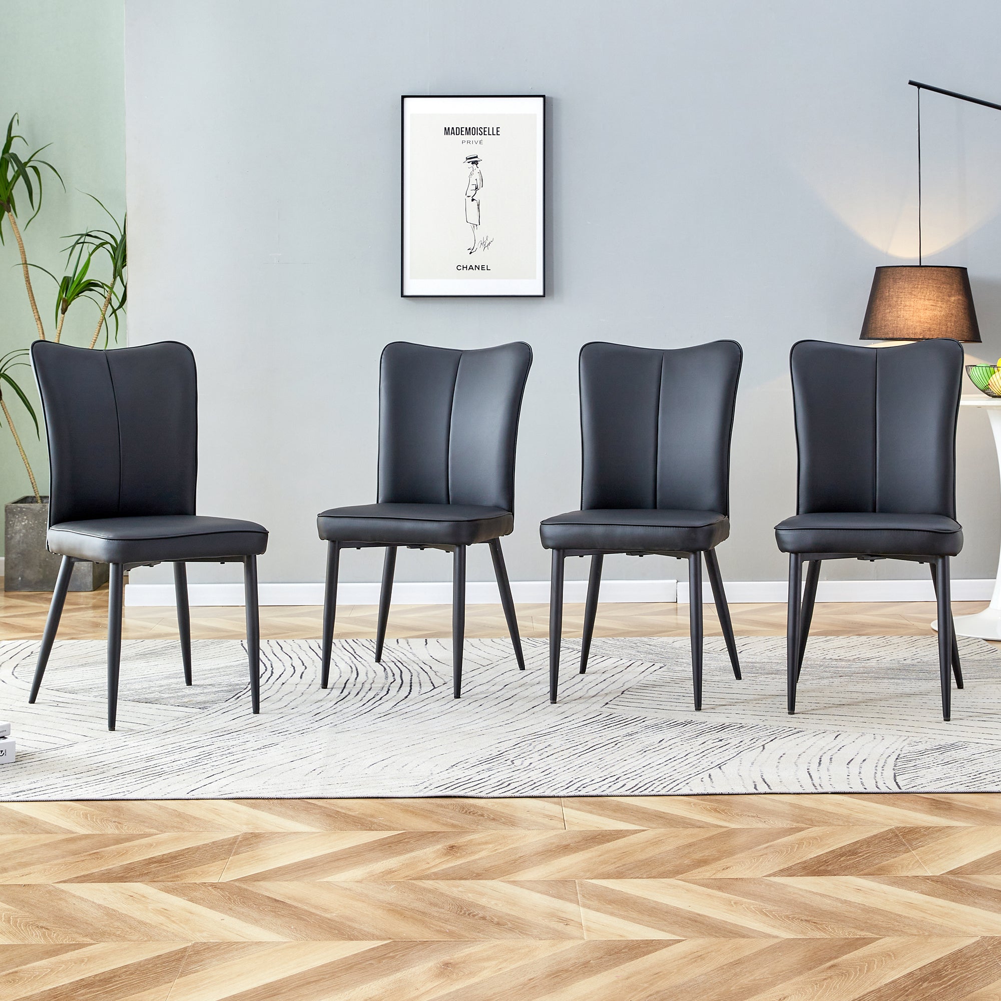 Modern Minimalist Dining Chairs, Black Pu Leather Curved Backrest And Seat Cushions, Black Metal Chair Legs, Suitable For Restaurants, Bedrooms, And Living Rooms. A Set Of Four Chairs. 008 Black Pu