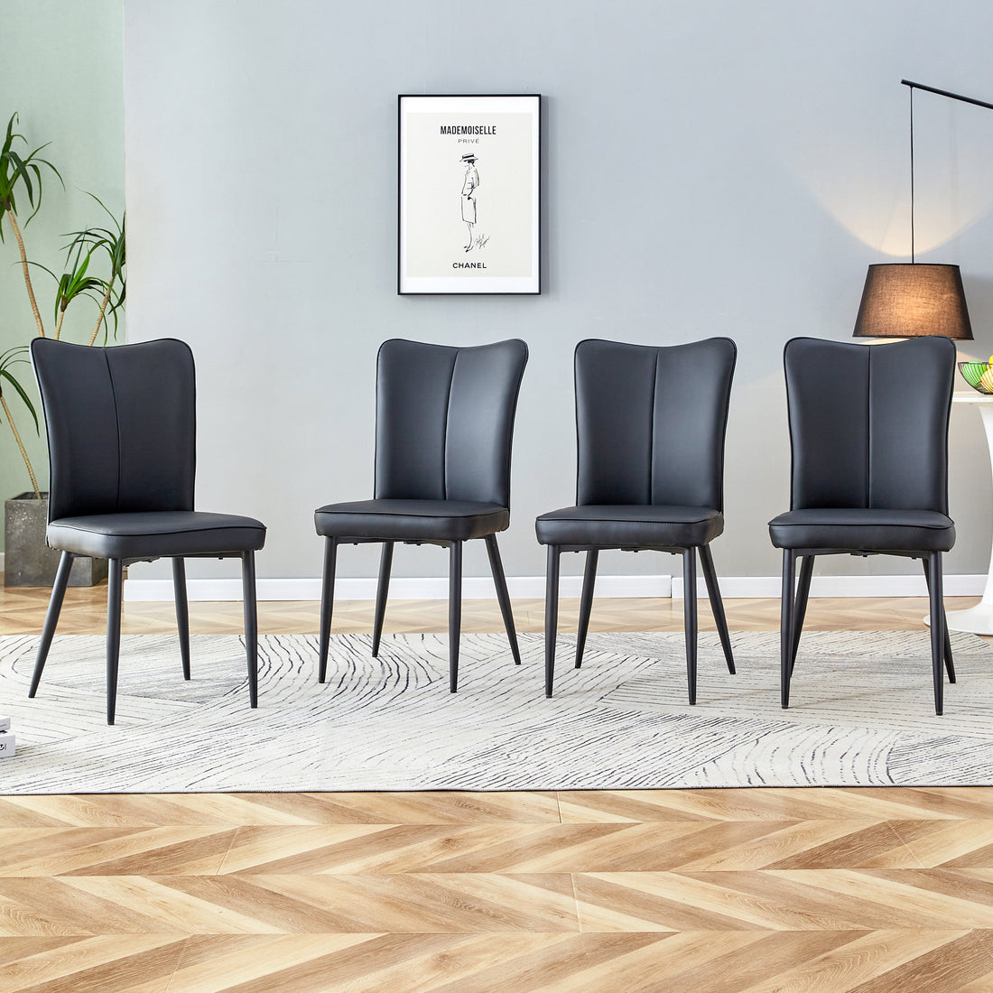 Modern Minimalist Dining Chairs, Black Pu Leather Curved Backrest And Seat Cushions, Black Metal Chair Legs, Suitable For Restaurants, Bedrooms, And Living Rooms. A Set Of Four Chairs. 008 Black Pu