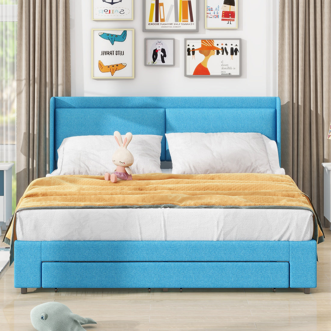 Queen Size Storage Upholstered Hydraulic Platform Bed With 2 Drawers, Blue Box Spring Not Required Queen Blue Metal Bedroom Bed Frame Linen Upholstered