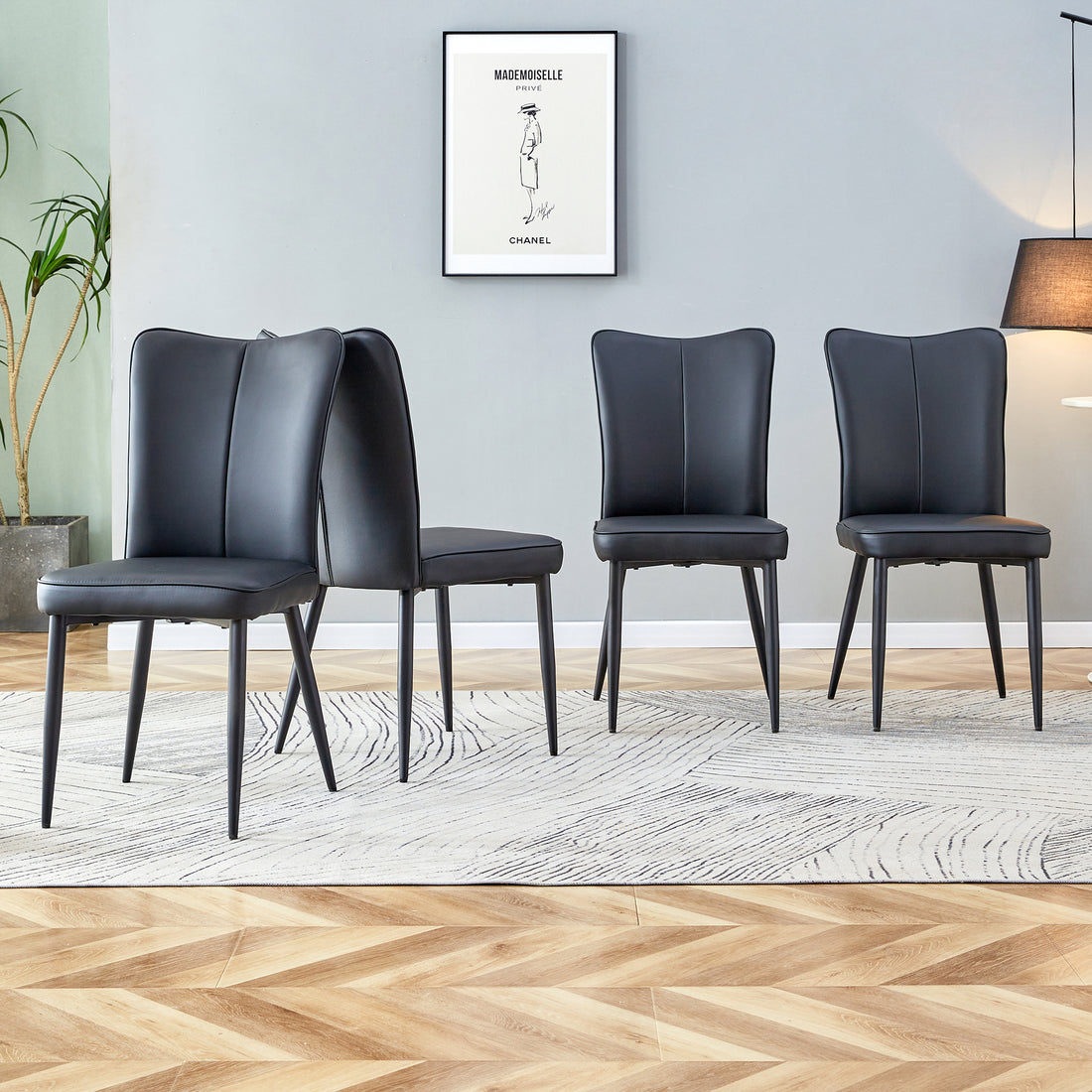 Modern Minimalist Dining Chairs, Black Pu Leather Curved Backrest And Seat Cushions, Black Metal Chair Legs, Suitable For Restaurants, Bedrooms, And Living Rooms. A Set Of Four Chairs. 008 Black Pu