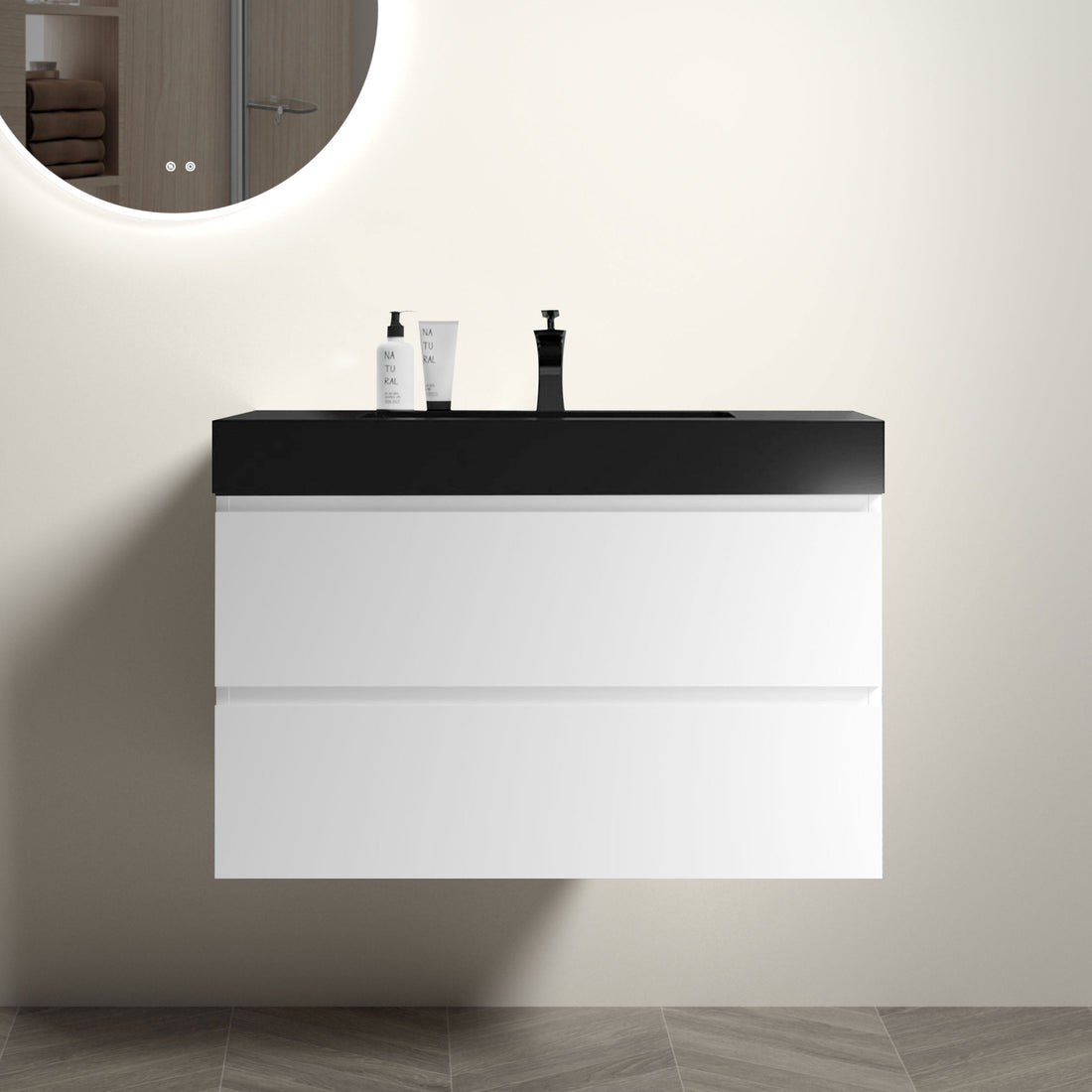 Alice 36" White Bathroom Vanity With Sink, Large Storage Wall Mounted Floating Bathroom Vanity For Modern Bathroom, One Piece Black Sink Basin Without Drain And Faucet, Pre Assembled White Black Melamine