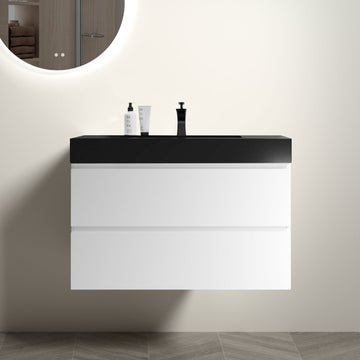 Alice 36" White Bathroom Vanity With Sink, Large Storage Wall Mounted Floating Bathroom Vanity For Modern Bathroom, One Piece Black Sink Basin Without Drain And Faucet, Pre Assembled White Black Melamine