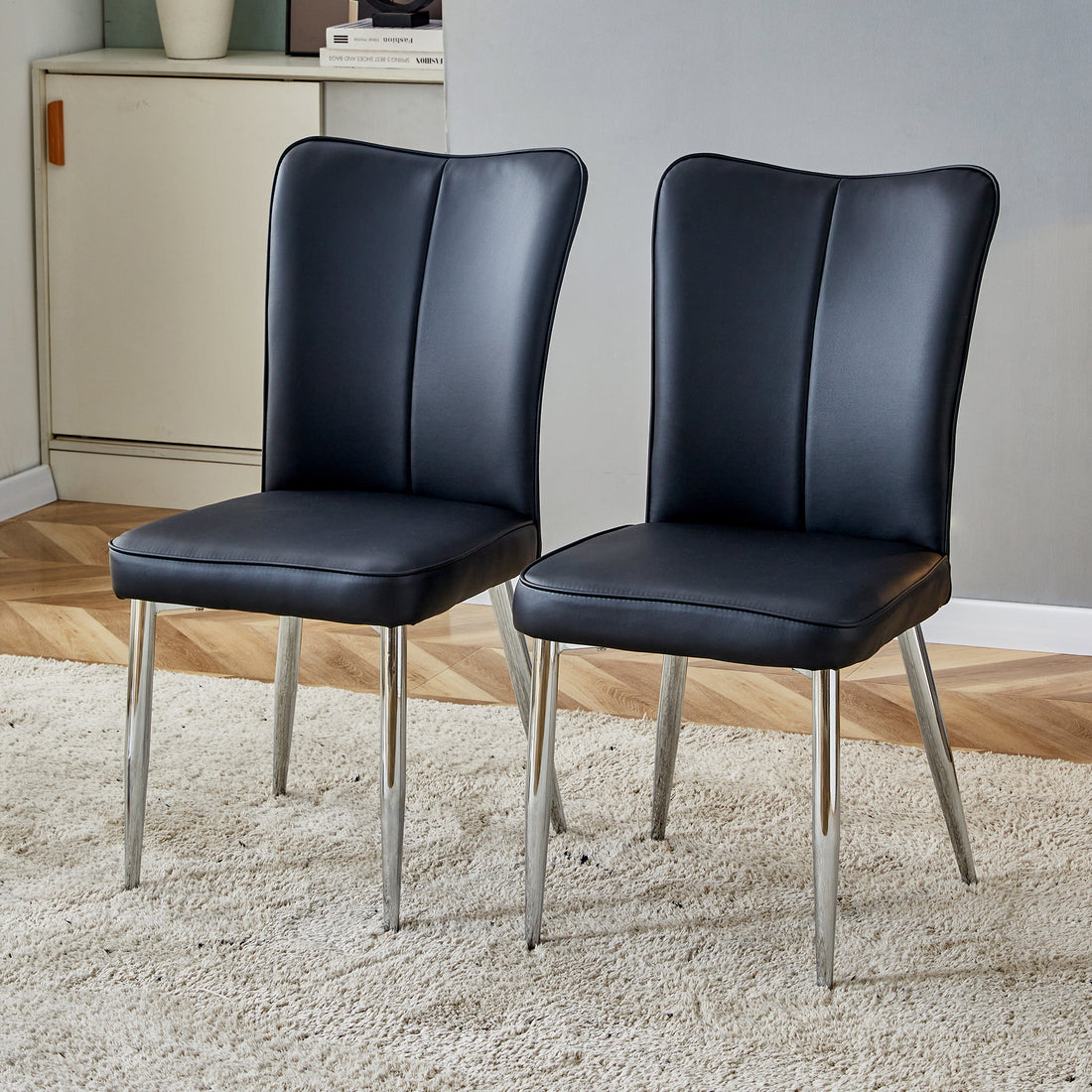 Modern Minimalist Dining Chairs, Black Pu Leather Curved Backrest And Cushion, Black Metal Semi Matte Chair Legs, Suitable For Restaurants, Bedrooms, And Living Rooms. A Set Of 2 Chairs.008 Black Pu