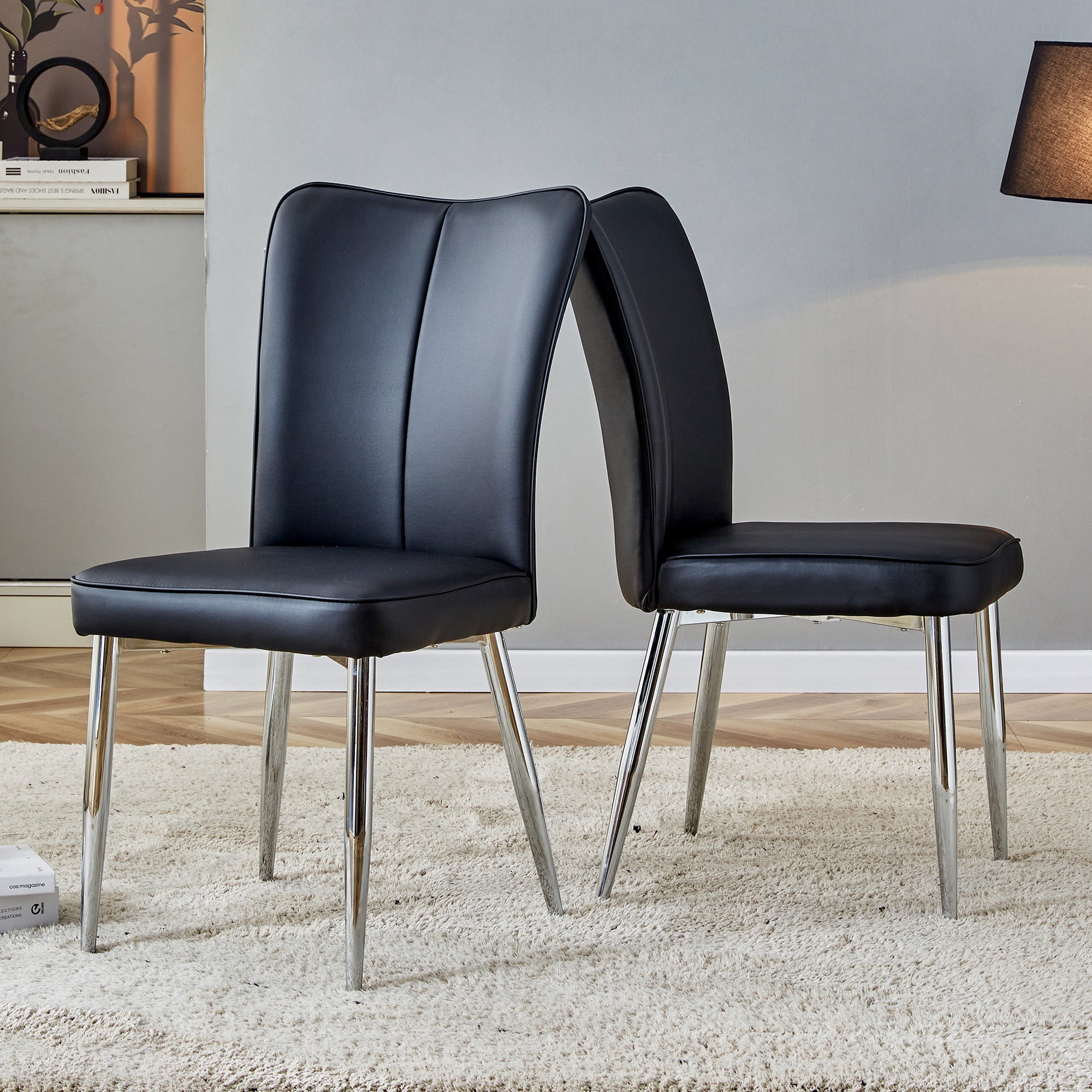 Modern Minimalist Dining Chairs, Black Pu Leather Curved Backrest And Cushion, Black Metal Semi Matte Chair Legs, Suitable For Restaurants, Bedrooms, And Living Rooms. A Set Of 2 Chairs.008 Black Pu