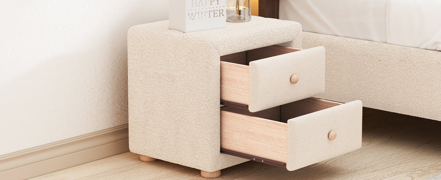 Teddy Fleece Nightstand With 2 Drawers, Beige Beige Mdf