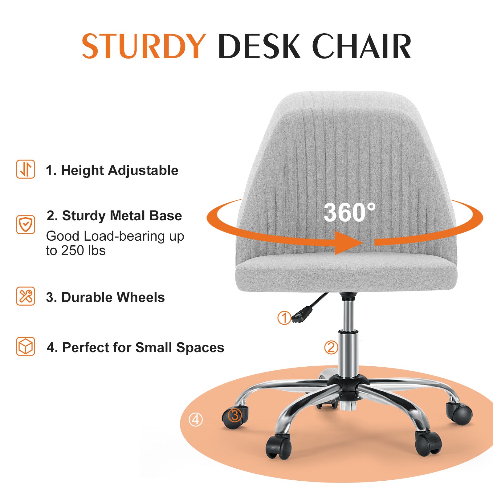 Sweetcrispy Armless Home Office Desk Chair With Wheels Adjustable Swivel Task Computer Vanity Chair For Small Spaces Gray Fabric