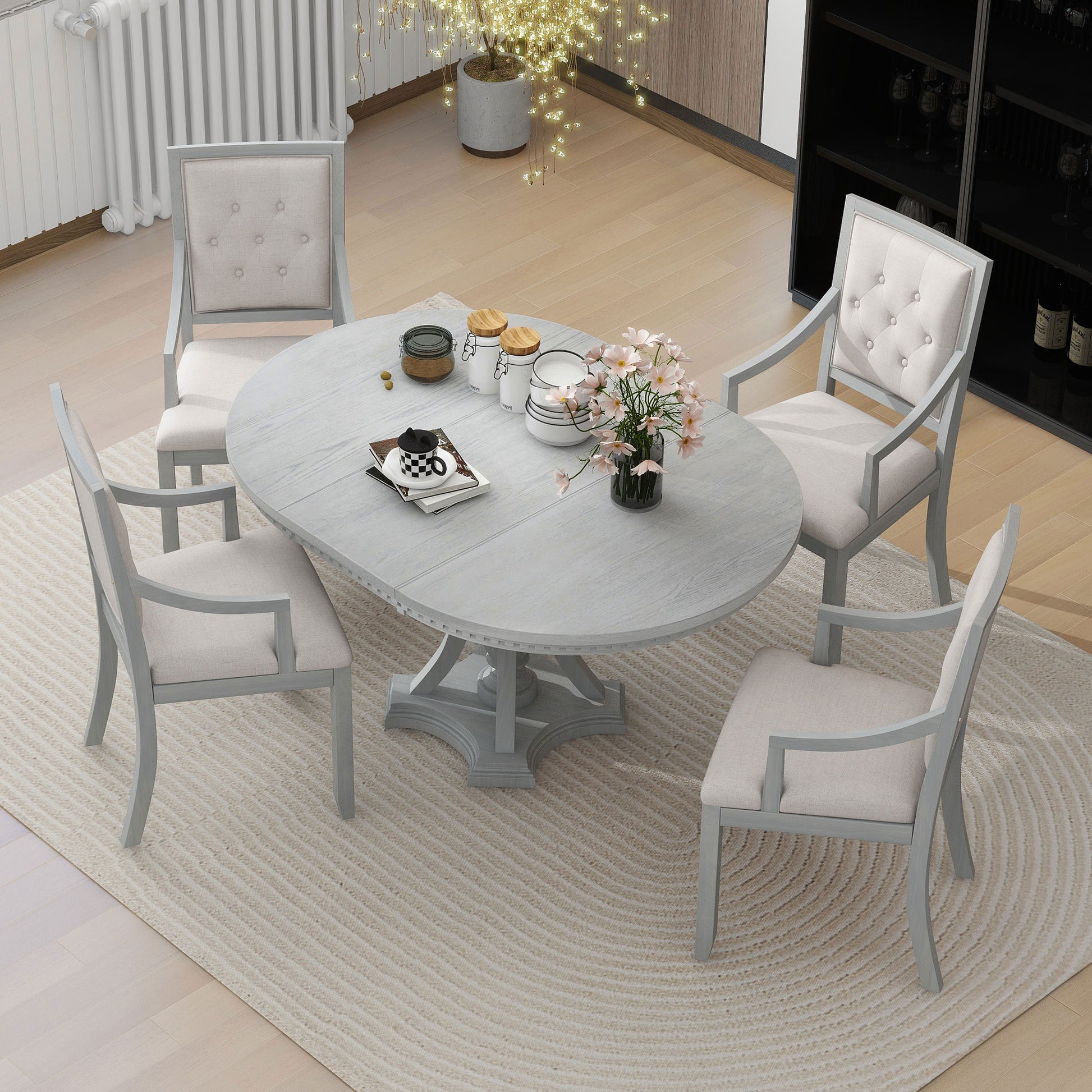 Retro 5 Piece Dining Set Extendable Round Table And 4 Chairs For Kitchen Dining Room Antique Gray Oak Antique Gray Mdf