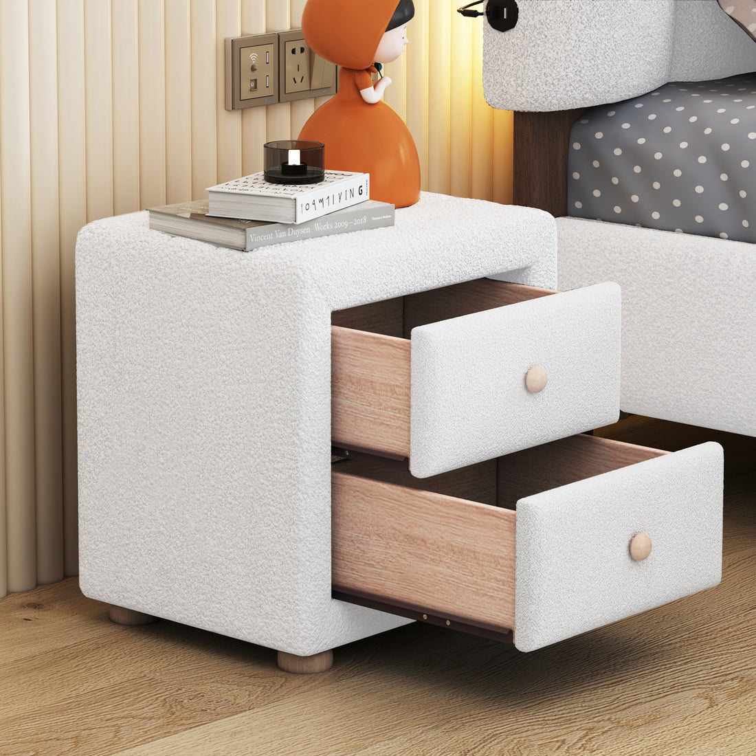 Teddy Fleece Nightstand With 2 Drawers, White White Mdf