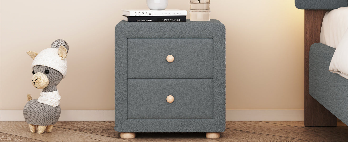 Teddy Fleece Nightstand With 2 Drawers, Gray Gray Mdf