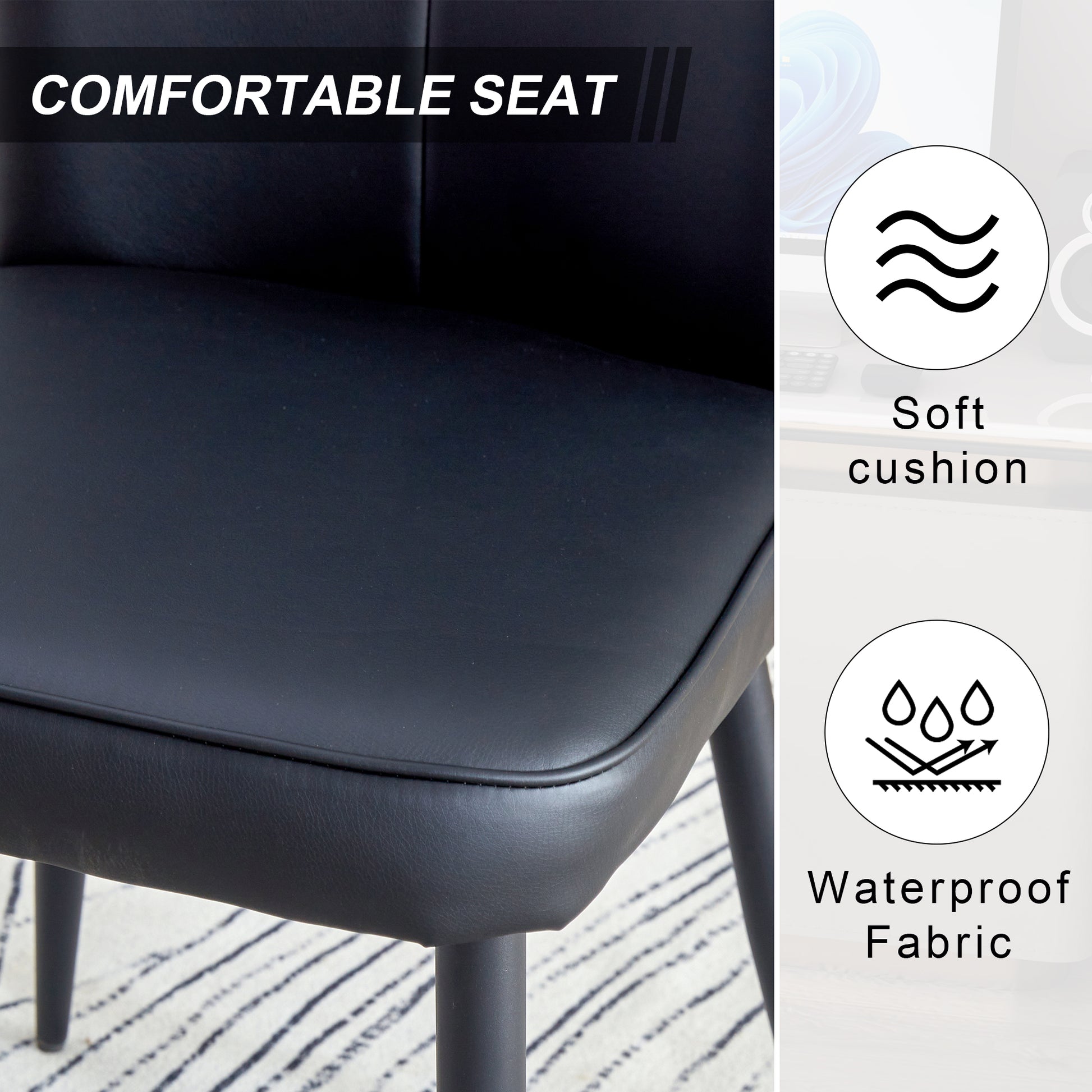 Modern Minimalist Dining Chairs, Black Pu Leather Curved Backrest And Seat Cushions, Black Metal Chair Legs, Suitable For Restaurants, Bedrooms, And Living Rooms. A Set Of Four Chairs. 008 Black Pu