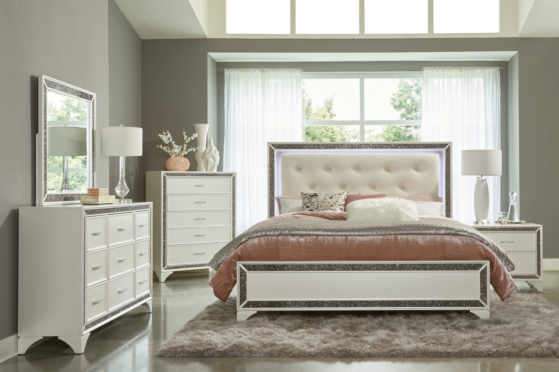 Pearl White Metallic Finish Dresser 1Pc 9 Drawers Silver Glitter Trim Modern Bedroom Furniture White Bedroom Contemporary,Glam,Modern Wood Pearl White Metallic Finish Dresser 1Pc 9 Drawers Silver Glitter Trim Modern Bedroom Furniture White Bedroom Contemporary,Glam,Modern Wood