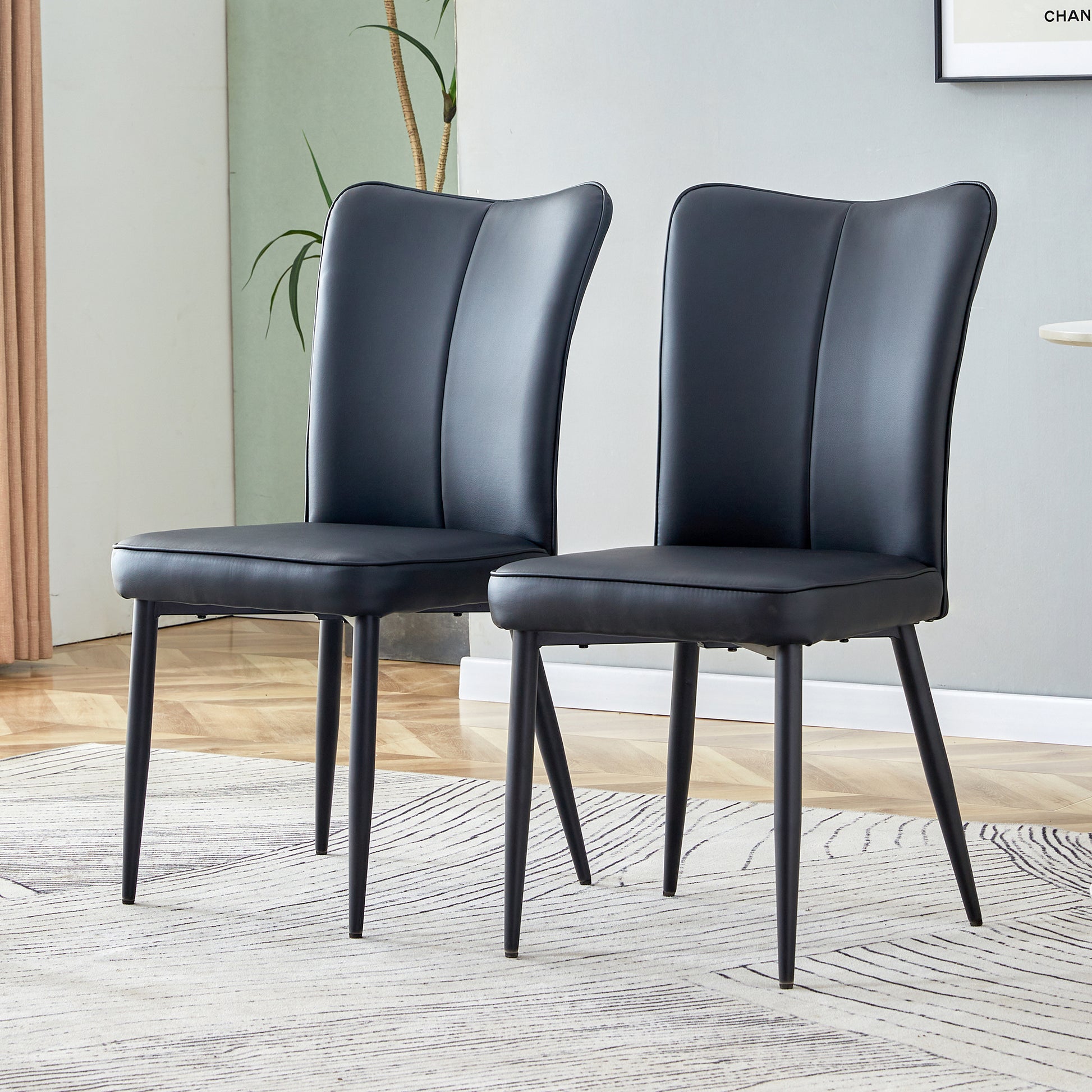 Modern Minimalist Dining Chairs, Black Pu Leather Curved Backrest And Seat Cushions, Black Metal Chair Legs, Suitable For Restaurants, Bedrooms, And Living Rooms. A Set Of 2 Chairs. 008 Black Pu