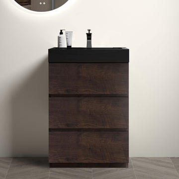 Alice 24" Walnut Bathroom Vanity With Sink, Large Storage Freestanding Bathroom Vanity For Modern Bathroom, One Piece Black Sink Basin Without Drain And Faucet, Pre Assembled Walnut Black Melamine