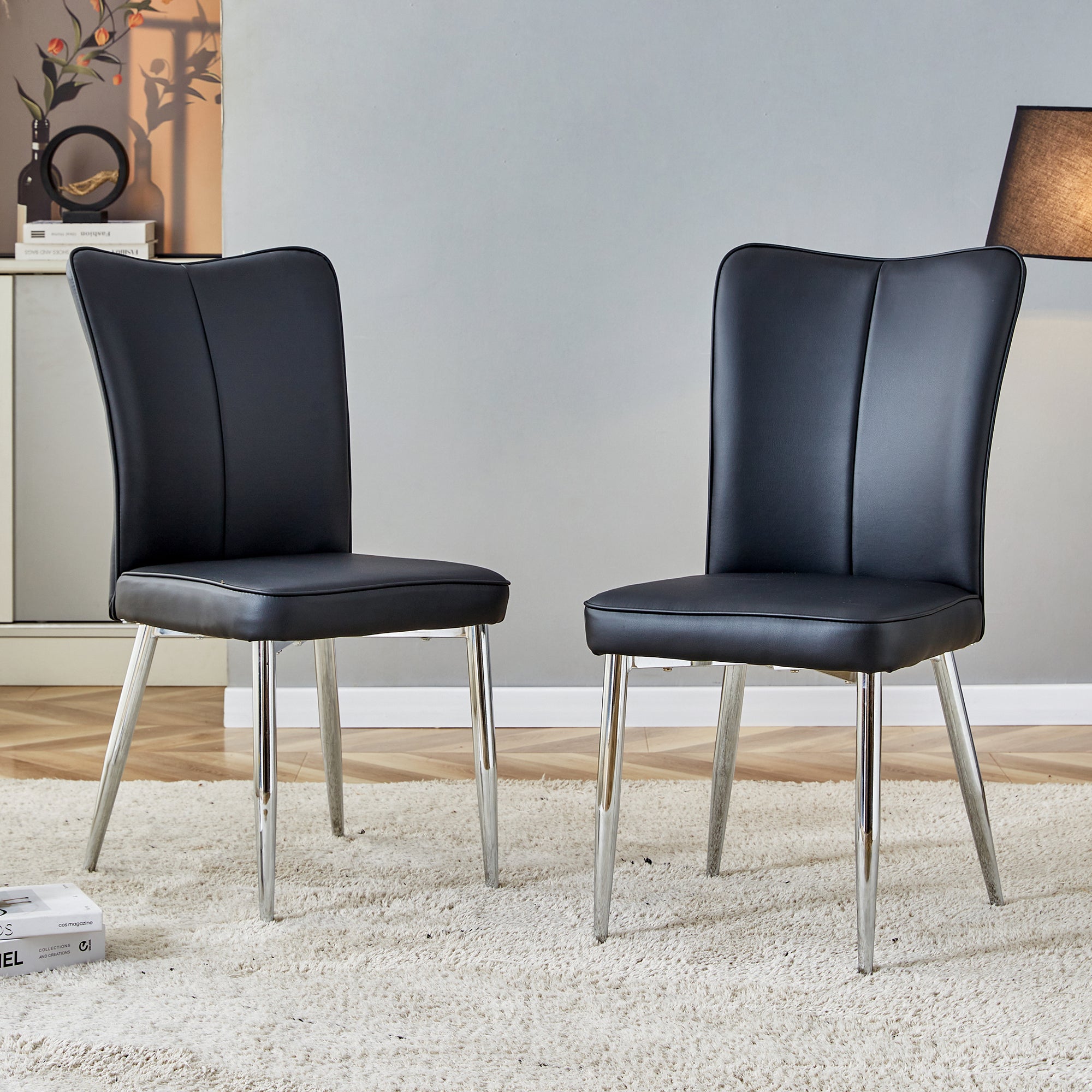 Modern Minimalist Dining Chairs, Black Pu Leather Curved Backrest And Cushion, Black Metal Semi Matte Chair Legs, Suitable For Restaurants, Bedrooms, And Living Rooms. A Set Of 2 Chairs.008 Black Pu