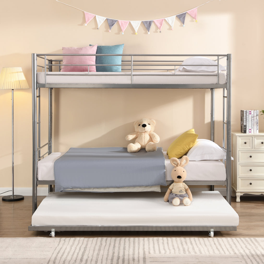 Metal Bunk Bed With Trundle Silver Silver Metal